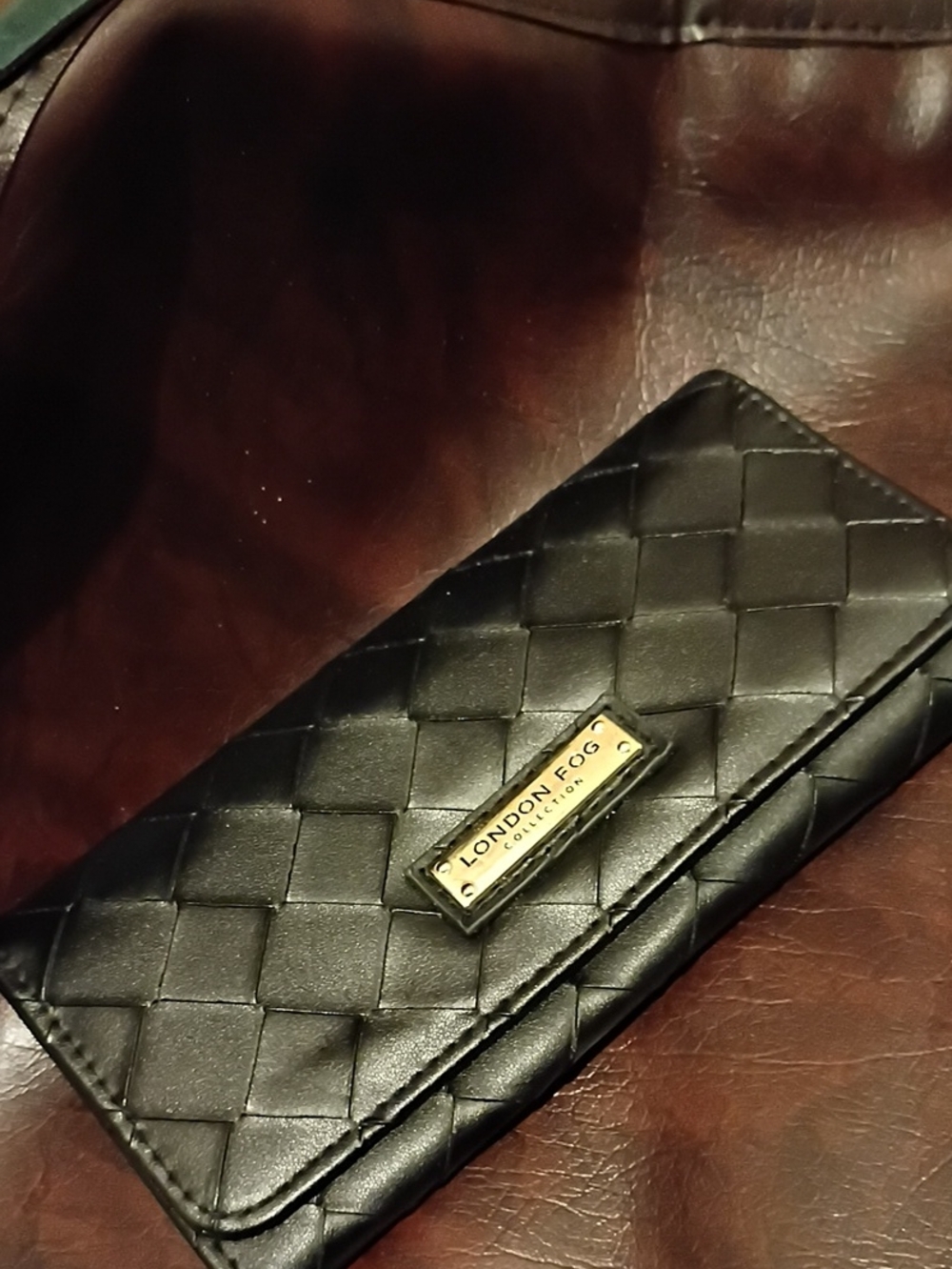 London Fog Black Woven Card Holder with Gold Logo Plate